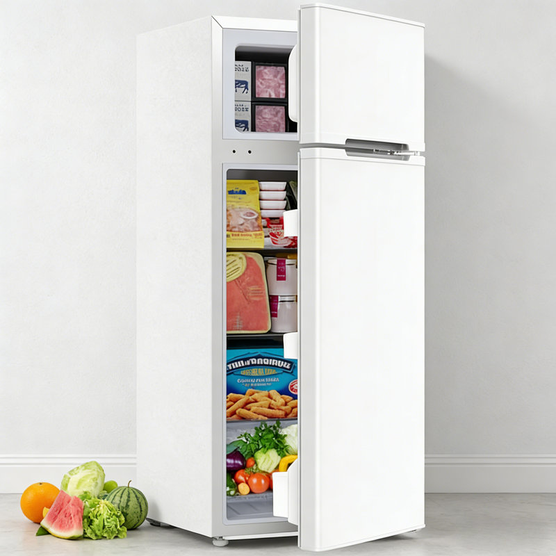 Compact 4,5 pi. Cu. Mini réfrigérateur à double porte avec tablettes réglables amovibles, parfait pour un appartement, un dortoir ou un bureau - Blanc