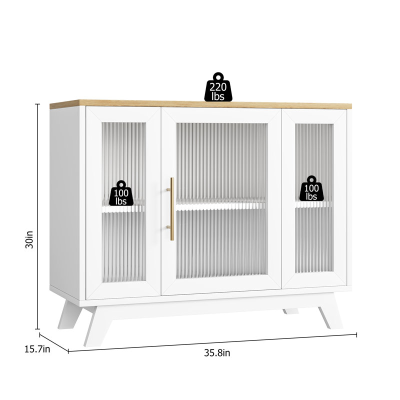 36" Sideboard Buffet Cabinet With Fluted Glass Door, Storage Cabinet With 2-tier Storage, Wood/White