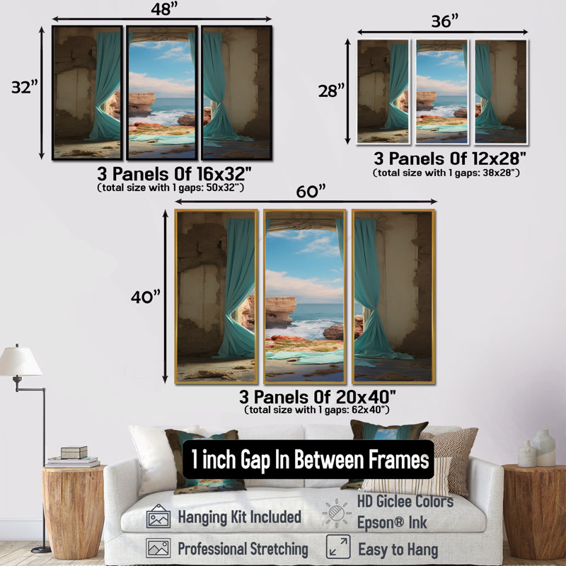 Rushford - ensemble de reproductions d'art mural plage et océan, Cadre flottant doré, H 40 po x l 60 po x P 1 po