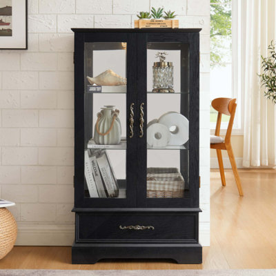 Lighted Glass Curio Cabinet With Adjustable Shelves - Elegant 2-Door Display Cabinet & Built-In Drawer, Includes Bulb