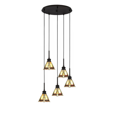 Edge 5 Light Cluster Pendalier Shown In Espresso Finish With 7" Zion Art Glass