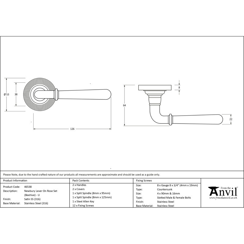 Polished Marine SS (316) Newbury Lever On Rose Set (Beehive) - Unsprung, Satin Marine