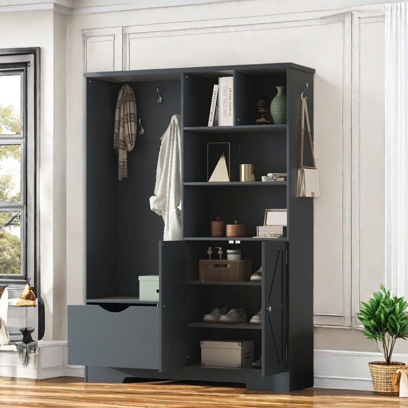 Okan Multi-functional Hall Tree with Storage Shelves Drawers and Cabinet with Bench, Antique Blue