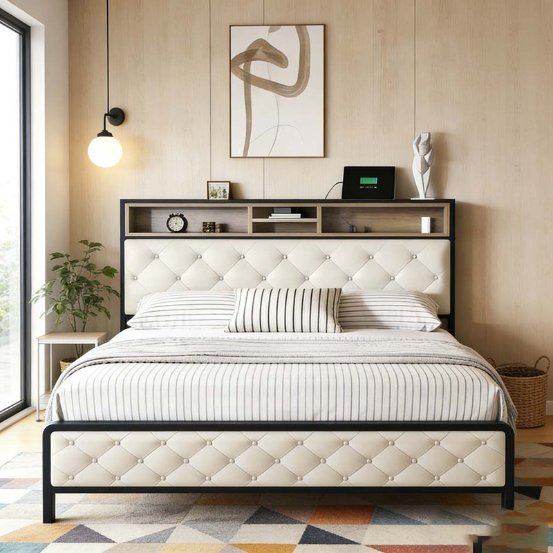 Queen Size Bed Frame, Platform Bed Frame With Charging Station