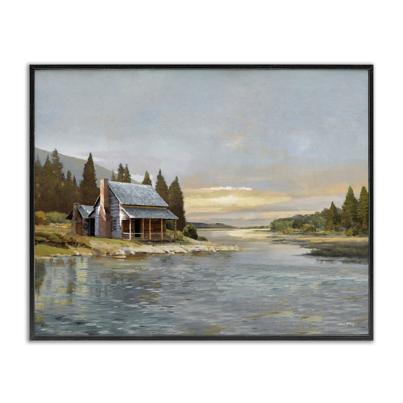 «Cabin at River's Edge», art giclée par Amber Sterling, H 11 po x l 14 po, Giclée encadrée noir minuit