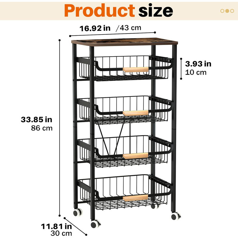 5-Tier Rolling Storage Cart with Wheels, Large Capacity Kitchen Cart, Mobile Utility Cart with Wooden Tabletop and Mesh Baskets, Bathroom, Laundry Room
