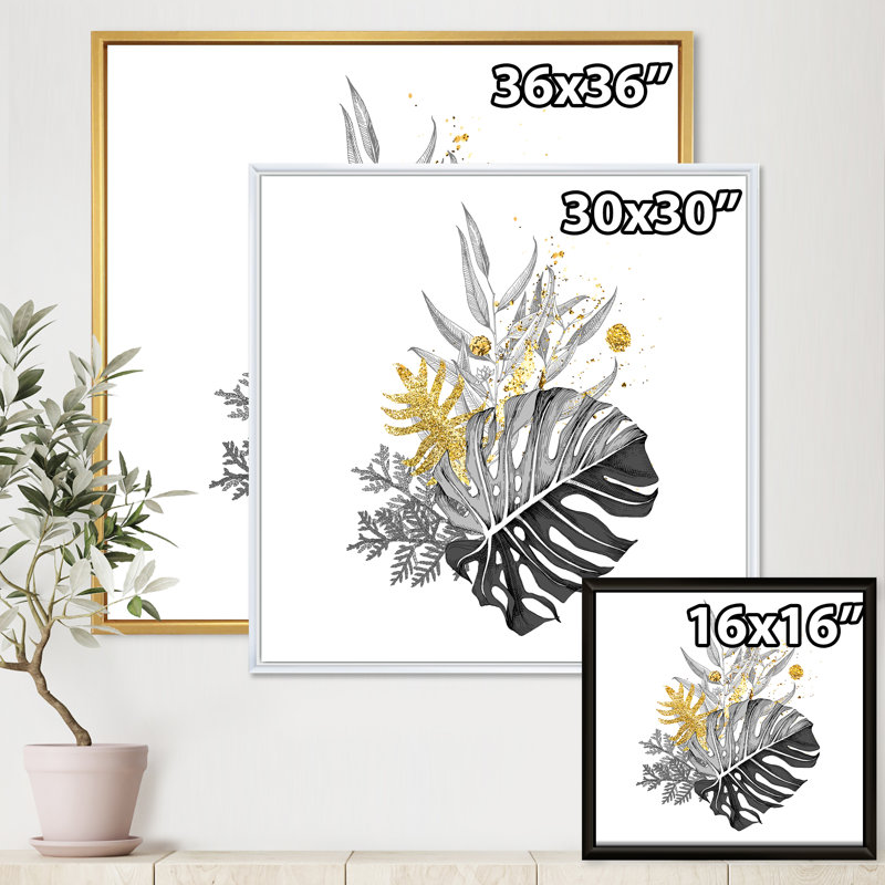 Bouquet avec feuilles tropicales monochromes et dorées - Impression sur toile, H 16 po x l 16 po x P 1 po, Cadre blanc