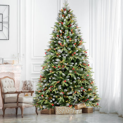 5ft Prelit Christmas Tree with Pine Cone & Red Berry, Pre-Decorated Hinged Pre Lit Xmas Tree with 250 Lights & 1131 PE/PVC Branch Tips, Premium Frosted Artificial Christmas Tree with Snow for Holiday