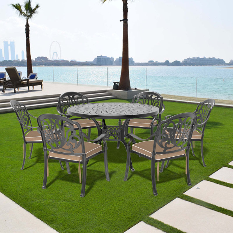 7-Piece Set Of Cast Aluminum Patio Furniture With Brown Cushions (Same As:W1710S00484), 6, 28.35" H x 81.89" W x 41.34" D