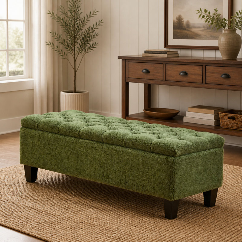 Banc repose-pieds avec rangement, surface bouclée verte, pieds en bois d'hévéa, capacité de 300 lb