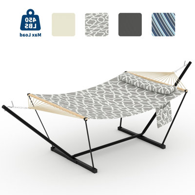 Hamac d'extérieur robuste pour 2 personnes avec support - structure en acier réglable, coussin doux, cordes d'équilibre, capacité de 500 lb - portable pour patio, cour, jardin, plage - motif gris clair