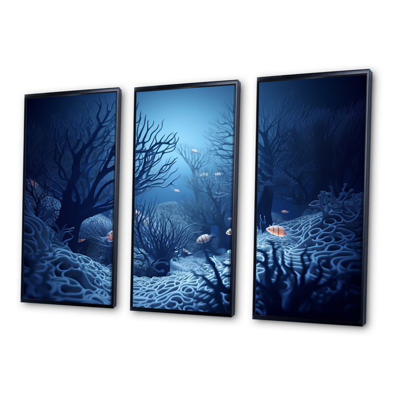 «Blue and Black Underwater World - Coastal Coral Under Water», ensemble d'art sur toile, Cadre flottant noir