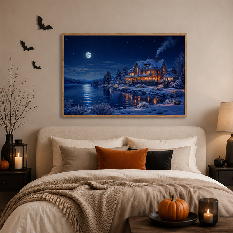 Maison enneigée se reflétant dans un lac sous la pleine lune - Toile murale d'Halloween, H 24 po x l 36 po