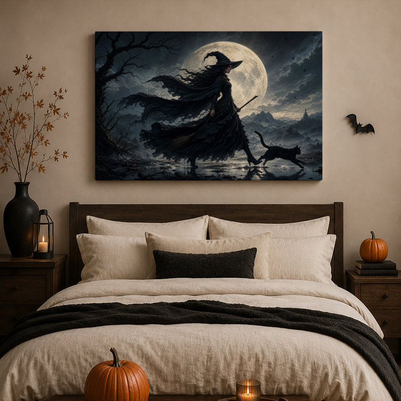 Sorcière en cape noire marchant avec un chat sous une toile murale d'Halloween, 16"H x 24"W