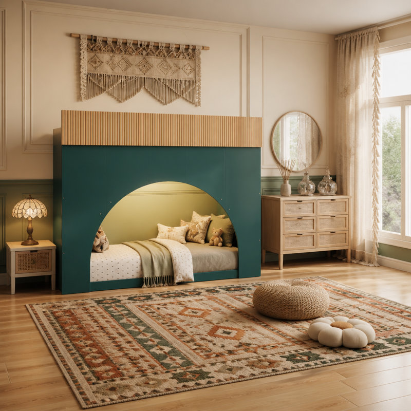 Lit superposé double avec lumière DEL, échelle et conception semi-circulaire, vert et naturel