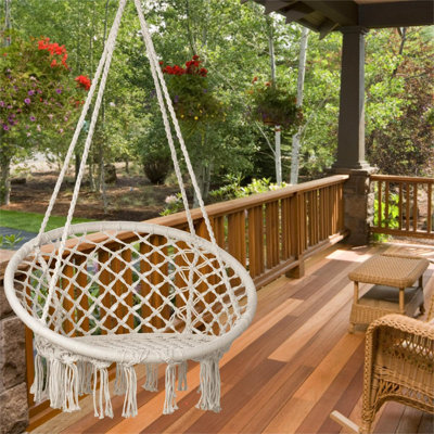 LED Macrame Hammock Hanging Swinging Chair, Indoor/Outdoor Hanging Chair with 472" LED String for Bedroom, Patio, Deck, Yard, and Garden, Comfy Large Size 55x75 cm (No Stand/White)