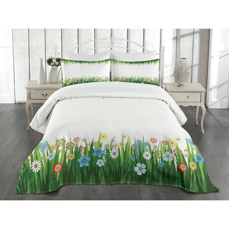 Ambensonne Green Flower Grass Multicolor, King Coverlet/Bedspread + 2 Pillow Shams