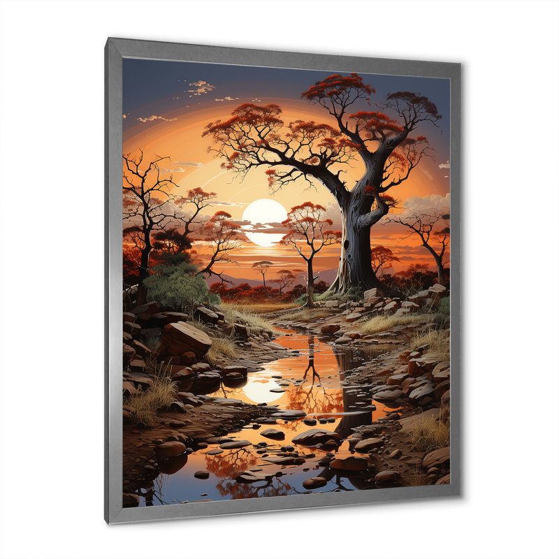 Baobab arbre surréel scène I - arbre baobab, art mural sur toile, Cadre flottant noir, H 32 po x l 16 po