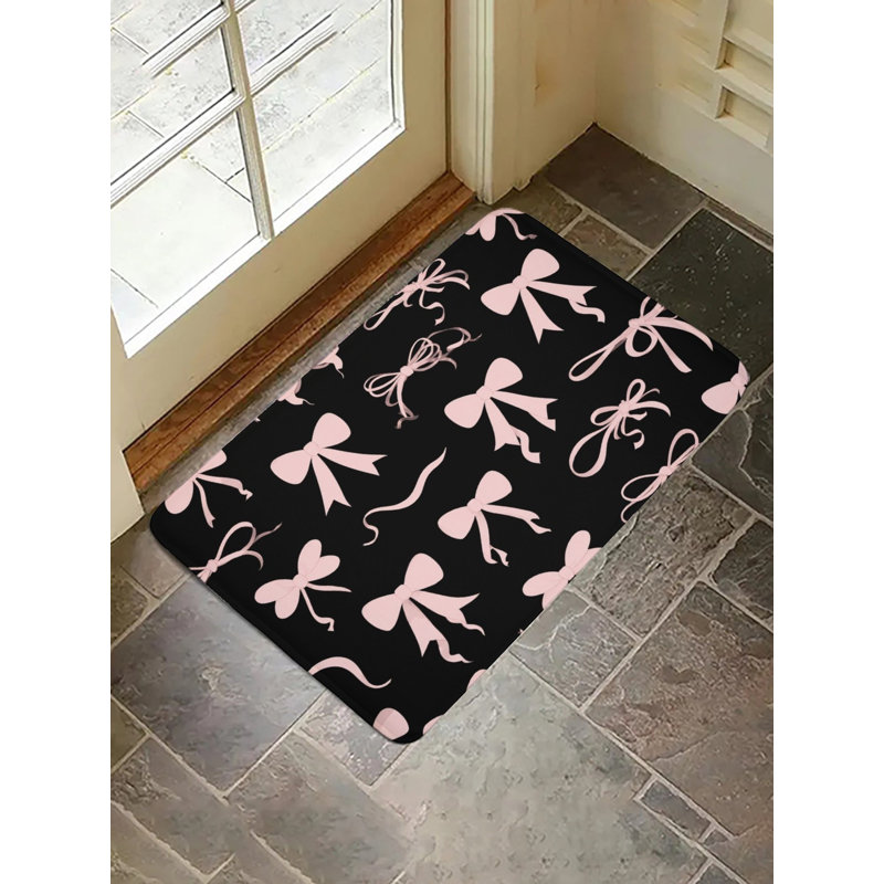 Black Background Pink Bowknot Bath Rug For Bathroom, 36 X 24