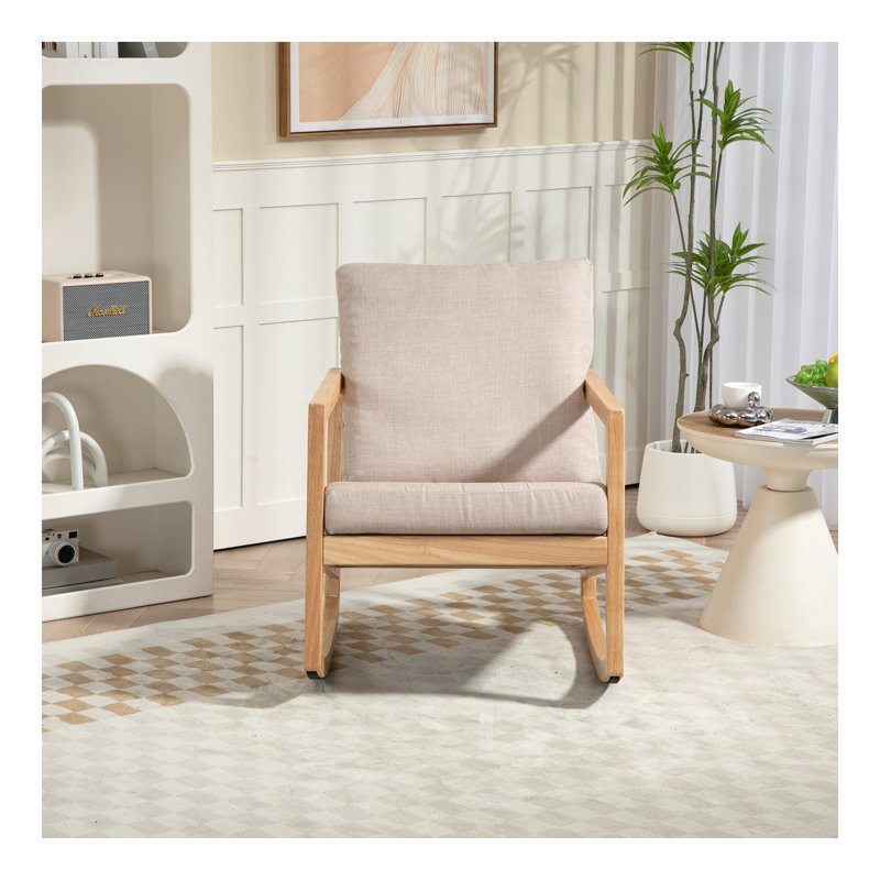 Fauteuil oscillant rembourré, structure en bois d'hévéa naturel, kaki