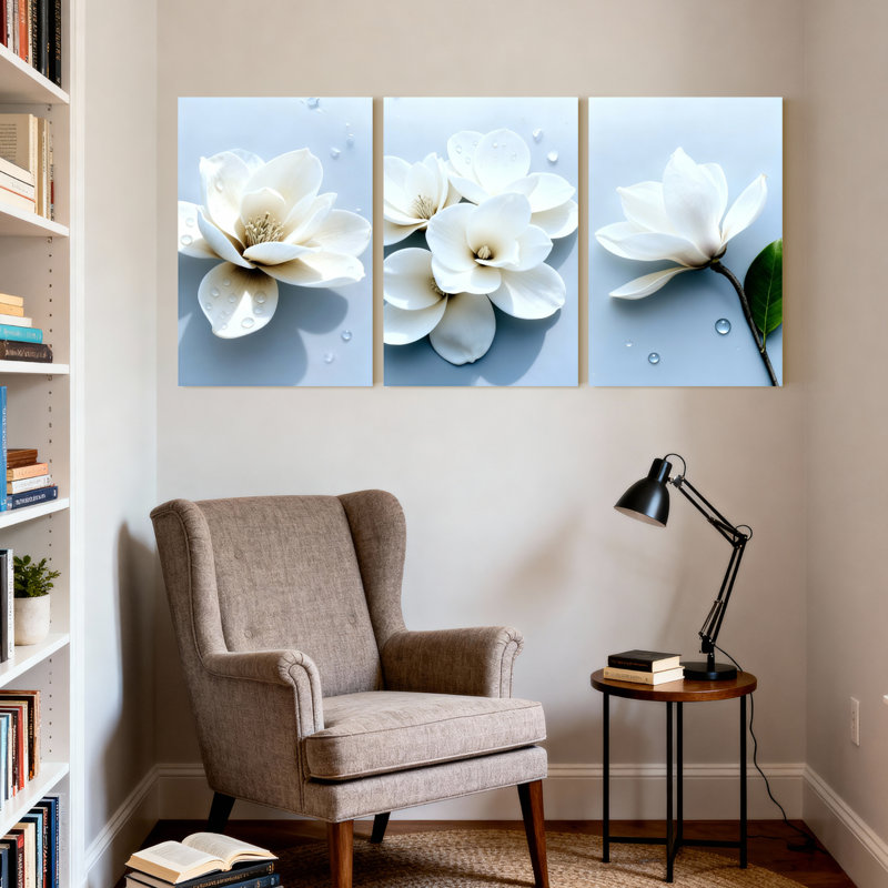 Ensemble de 3 tableaux sur toile tendue représentant des fleurs de magnolia blanc, pour la décoration du salon et de la chambre.