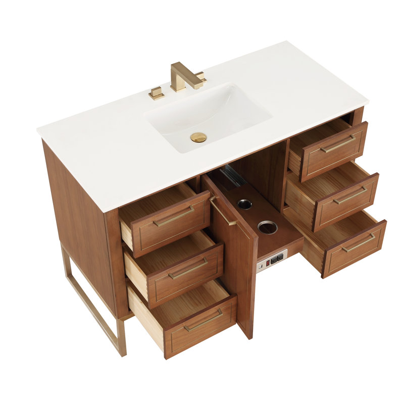 Markham 48'' W Single Vanity, White Quartz, Satin Brass, Walnut