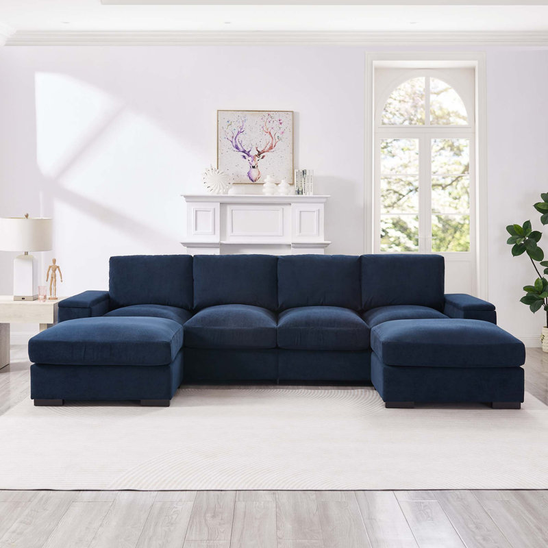 Canapé modulaire en U avec repose-pieds et rangement pour accoudoirs, Velours côtelé - Bleu foncé