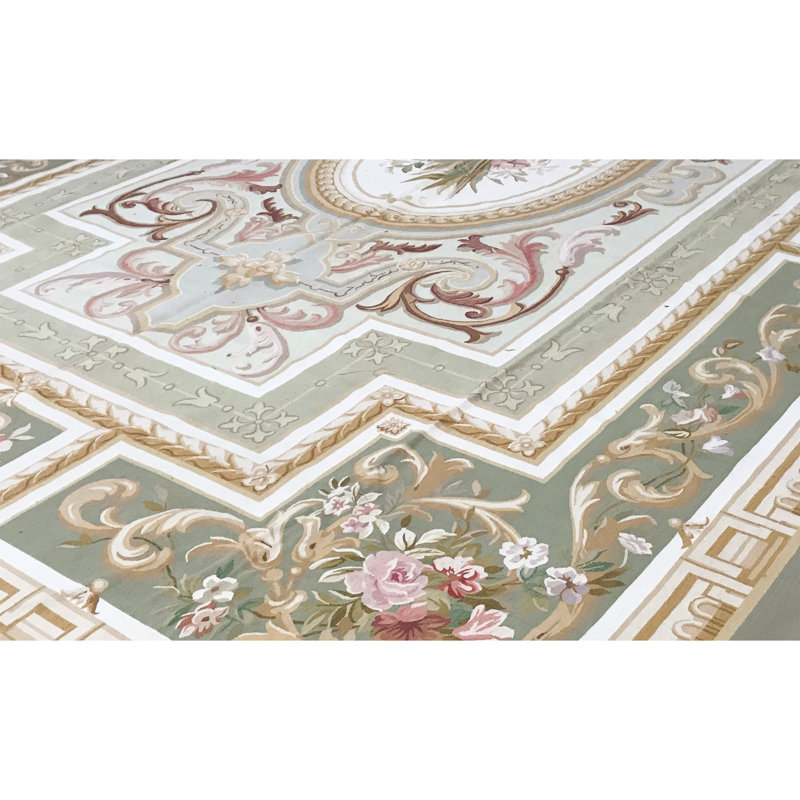 Hand-Knotted High-Quality Green and Beige Area Rug