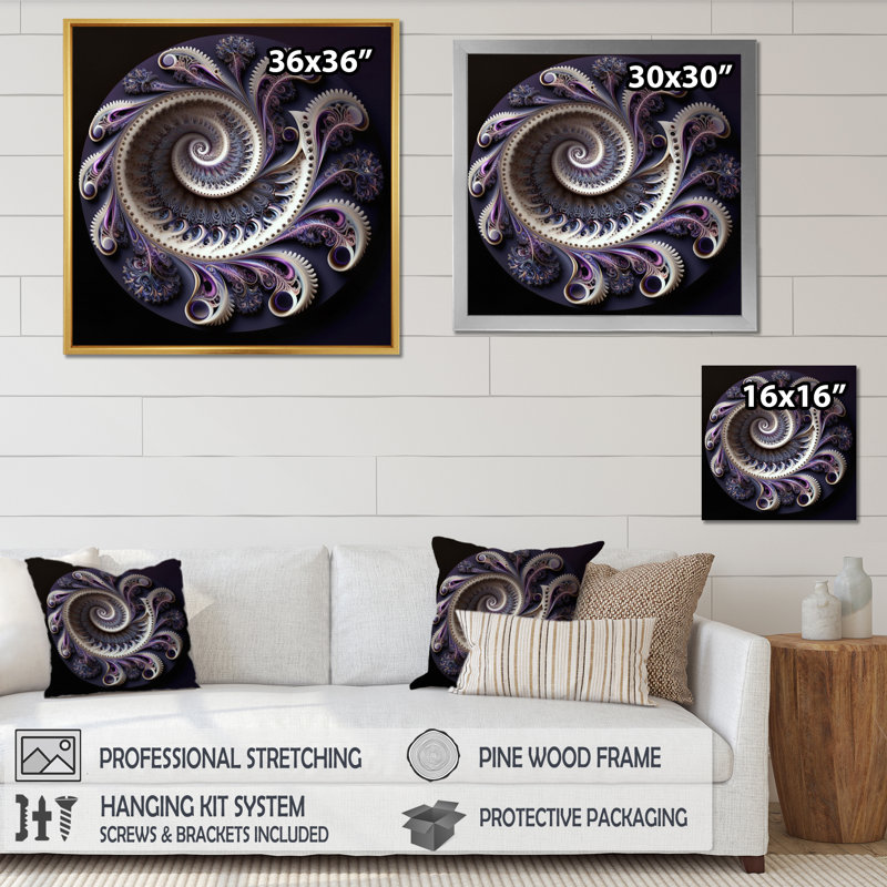 Mandala galactique mauve fractal I, Cadre flottant blanc, H 36 po x l 36 po x P 1,5 po