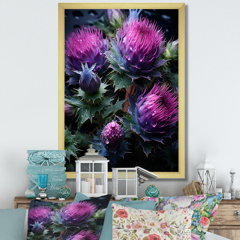 Magin mauve majestueux chardon II sur toile, H 32 po x l 24 po x P 1 po, Encadrement doré
