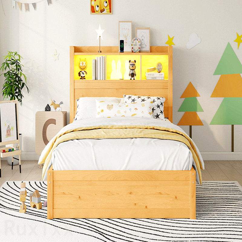 Lit double avec tiroirs, lit double en bois avec tête de rangement et armoire de rangement, lit en bois avec lumière et douille, naturel