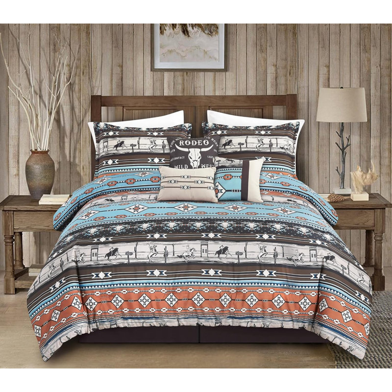 Southwestern Cabin Lodge Bedding Comforter, Full Comforter+2 Standard Shams+3 Throw Pillows