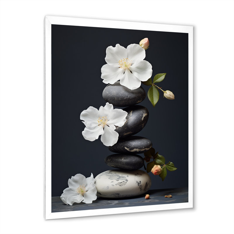Décoration murale zen sérénité fleurs blanches pierre noire Cairn I - Pierre spirituelle, H 32 po x l 16 po x P 1 po
