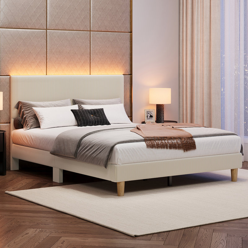 Corduroy Upholstered Platform Bed with LED Headboard, Modern Bed Frame, Queen, Beige