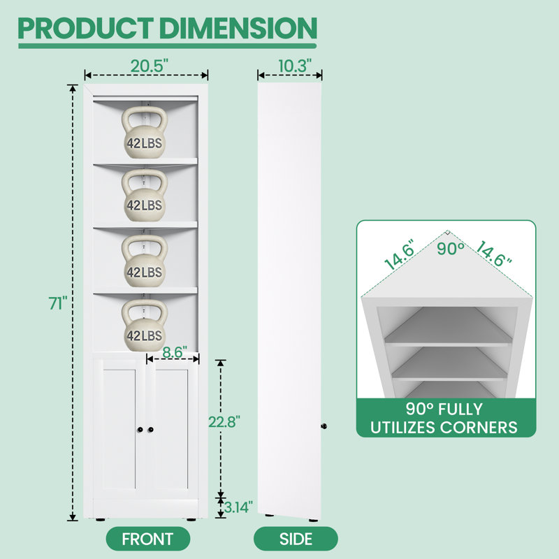 Grande armoire de rangement pour salle de bain avec tablettes réglables autoportantes, Blanc