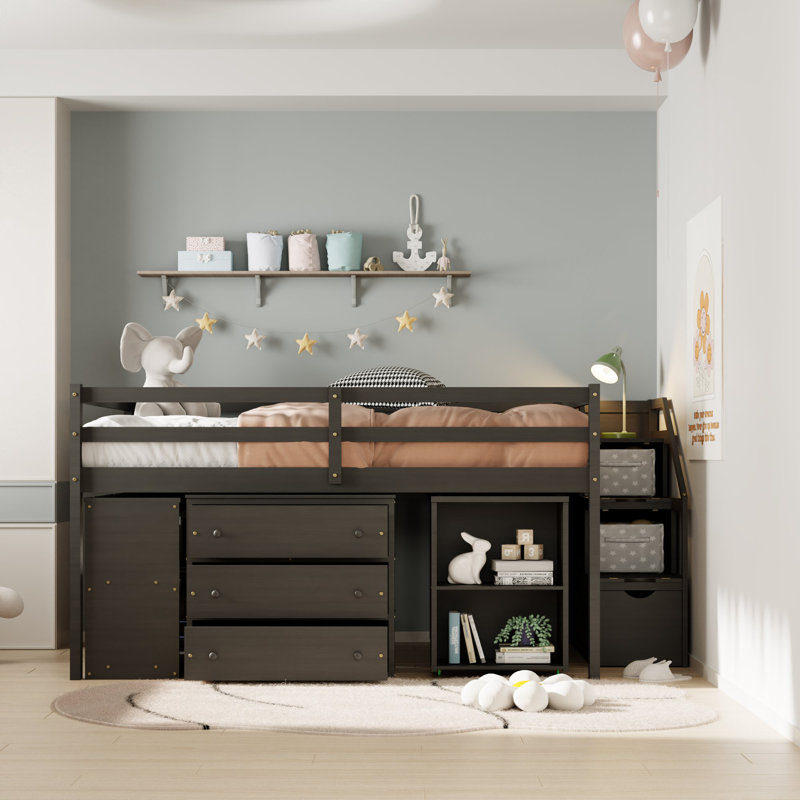 Harriell Space-Saving Full Size Loft Bed with Stair Storage, Desk and Extra Drawers and Shelves, Espresso