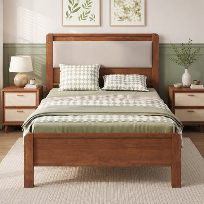 Lit simple en bois d'hévéa massif avec tête de lit rembourrée, taille simple TG, renforcé par des pieds de soutien centraux, brun