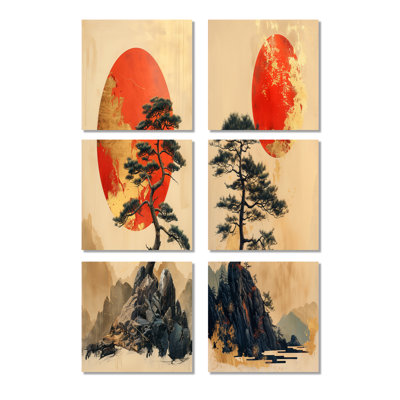 Ensemble de 6 décorations murales dorées orangées au coucher du soleil au Japon
