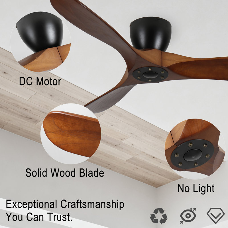 Ventilateur de plafond encastré sans lumière, pales en bois massif, moteur CC réversible silencieux, télécommande avec 6 vitesses et minuterie, économie d'énergie pour la chambre à coucher, le salon, le plafond sans pente