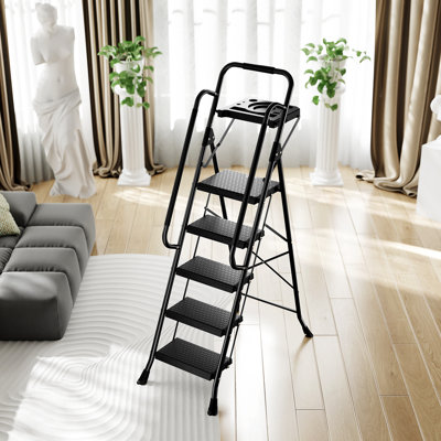 Ladder, 800lbs Folding Step Stool with Anti-Slip Wide Pedals and Handrail, Sturdy Steel Ladder