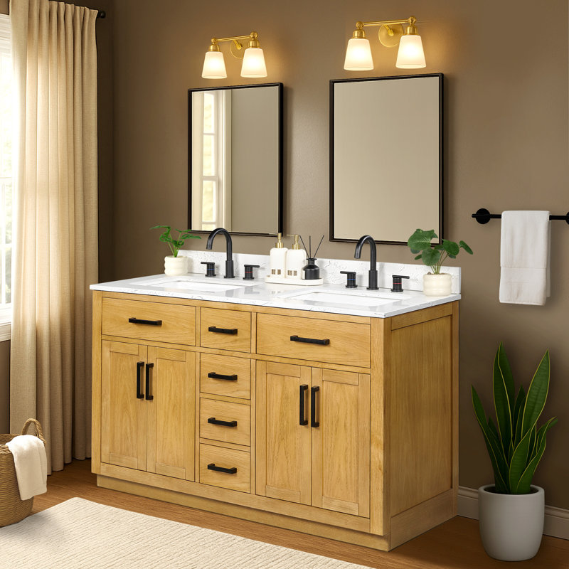 Meuble-lavabo double 54 po avec tiroirs, tablette, prise de courant et plateau en marbre d'ingénierie, Chêne brun clair, 54''