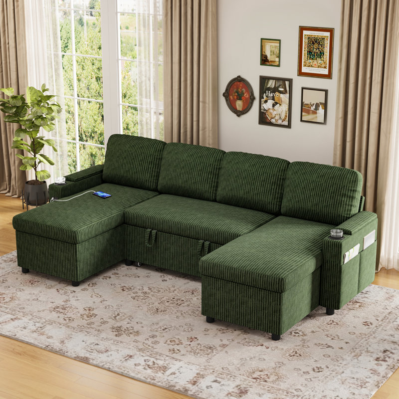 Corner Sofa Bed, U-Shaped Sleeper Sectional Couch Bed, 3-In-1 Convertible Pull Out Sofa Bed With Adjustable Backrest, Storage, Usb And Cup Holder For Living Room