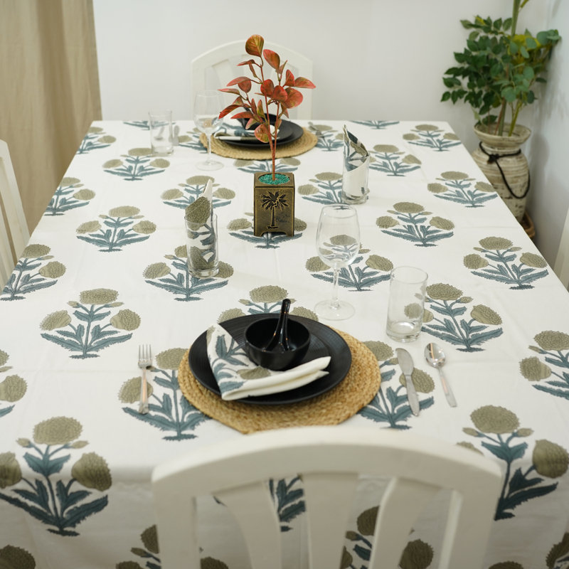 Housse de table en coton, housse de table 10 places imprimée à la main, nappe rectangulaire à motif floral - BADSHAH
