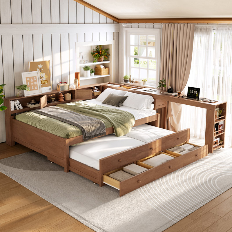 Lit de jour pleine grandeur en bois avec couchette, tiroirs de rangement, tablettes latérales et bureau intégré, brun rétro