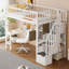 Lit mezzanine en bois avec bureau intégré, DEL, tablettes de rangement, armoires et escalier-619621321