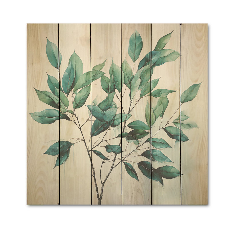«Teal Tendress Subtle Leaf Impressions I», art mural sur bois de pin naturel, H 36 po x l 36 po