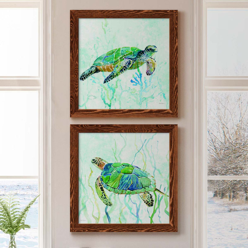 «Sea Turtle Swim I», ensemble de 2 peintures sur toile encadrées, H 40 po x l 20 po x P 1,5 po, Encadré de bois de noyer