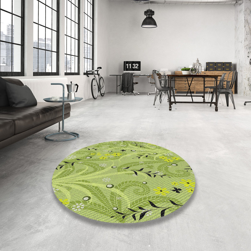 Tapis vert/jaune à motifs, Rond 5 pi