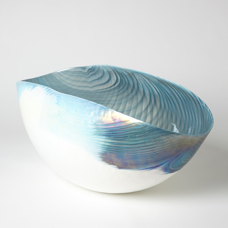 Ivory Turquoise Feather Swirl Oval Bowl-Lg