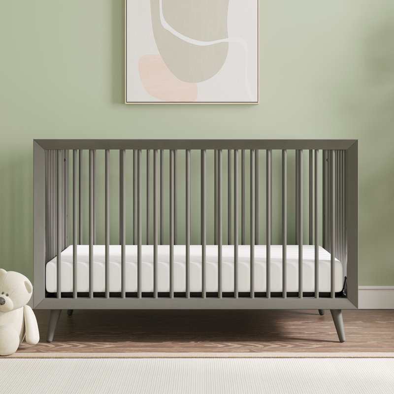 Lunar Gray Pine Wood Mid-Century Modern Convertible Crib